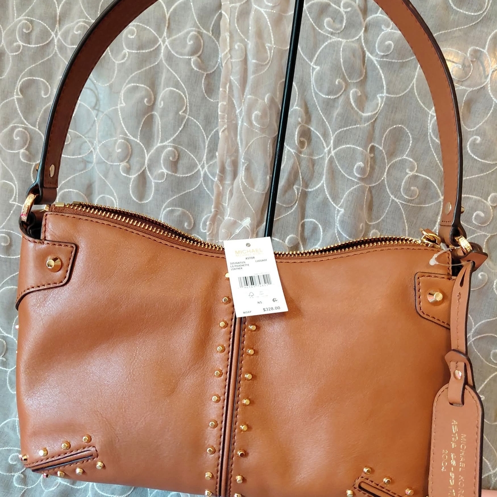 Michael Kors Astor Brown Leather Shoulder Bag with Gold Studs